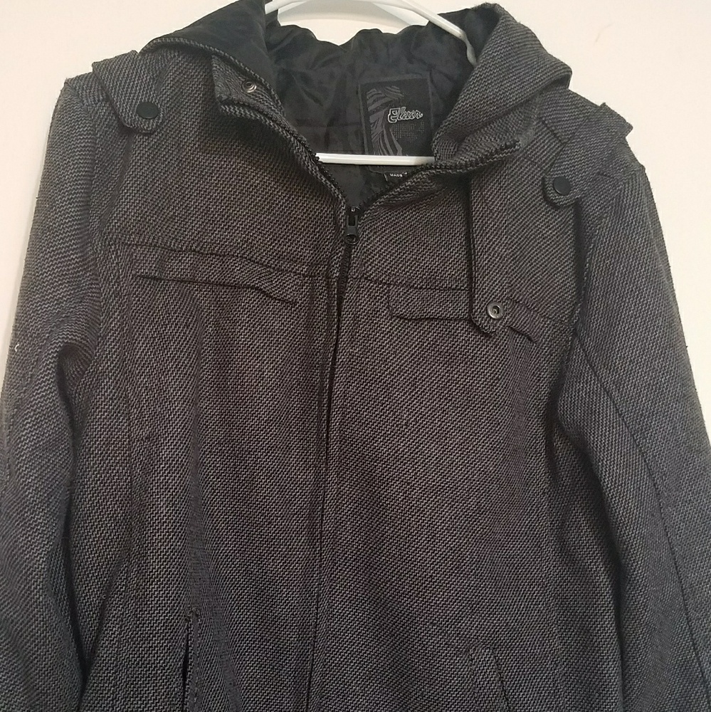 Men's tweed black and gray zip dress hooded jacket